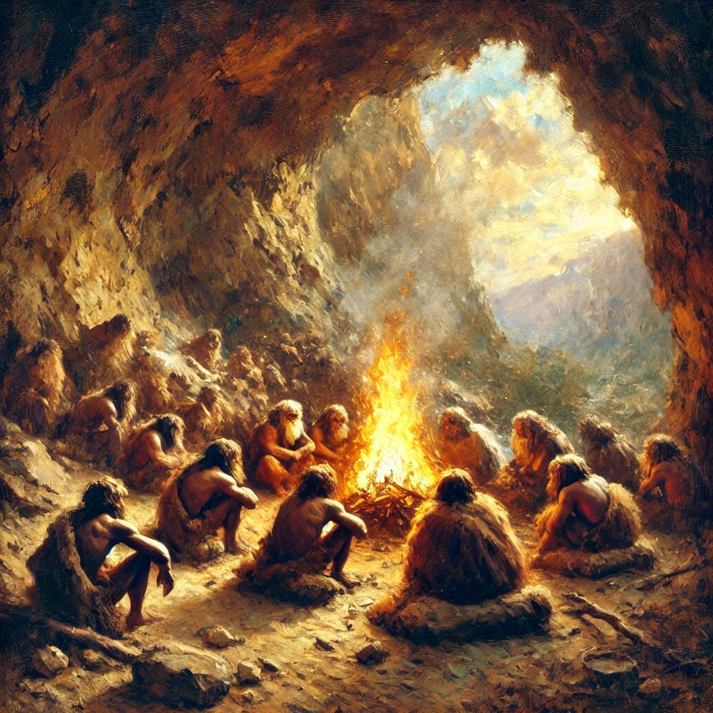 A painting of cave men harnessing fire