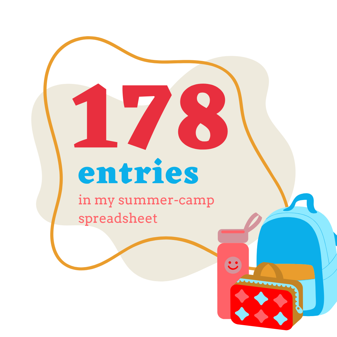 178 entries in my summer-camp spreadsheet. Graphic of backpack, lunch box and water bottle