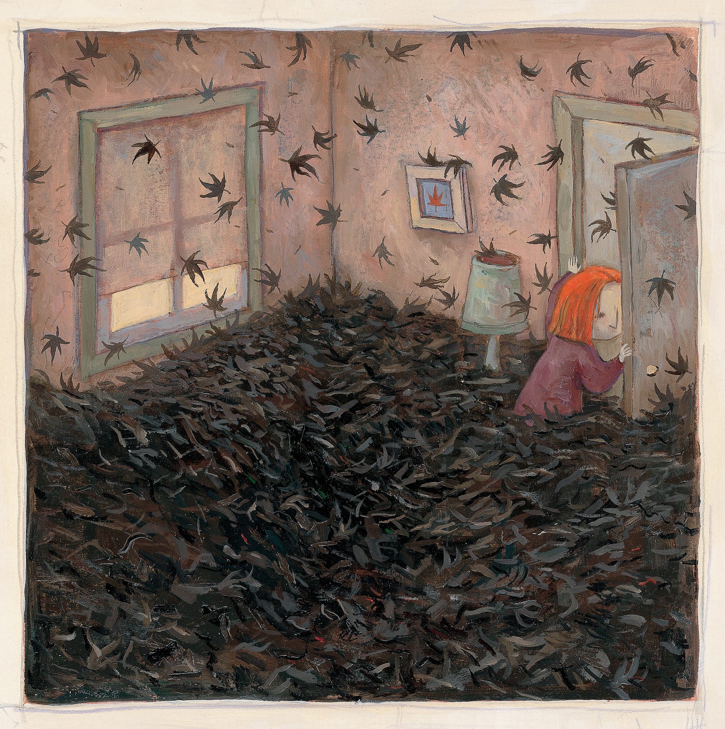 The room is shrouded with dark leaves and the bed is no longer visible. The girl is waist deep in leaves and is trying to leave the room. The small picture of a red leaf hanging on the wall above her bed is still in full view.