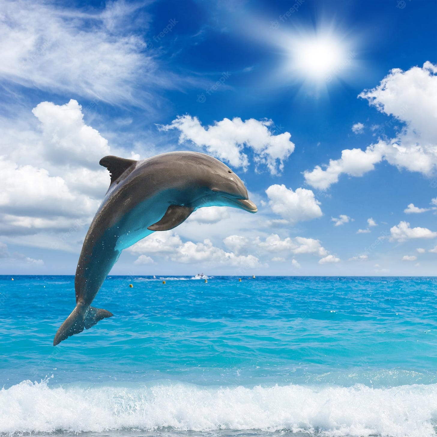 Premium Photo | Jumping dolphins sunny seascape with deep ocean waters
