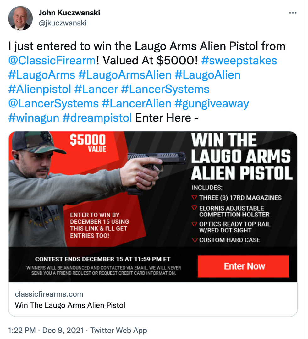 Guy's final tweet: I just entered to win the Laugo Arms Alien Pistol! 