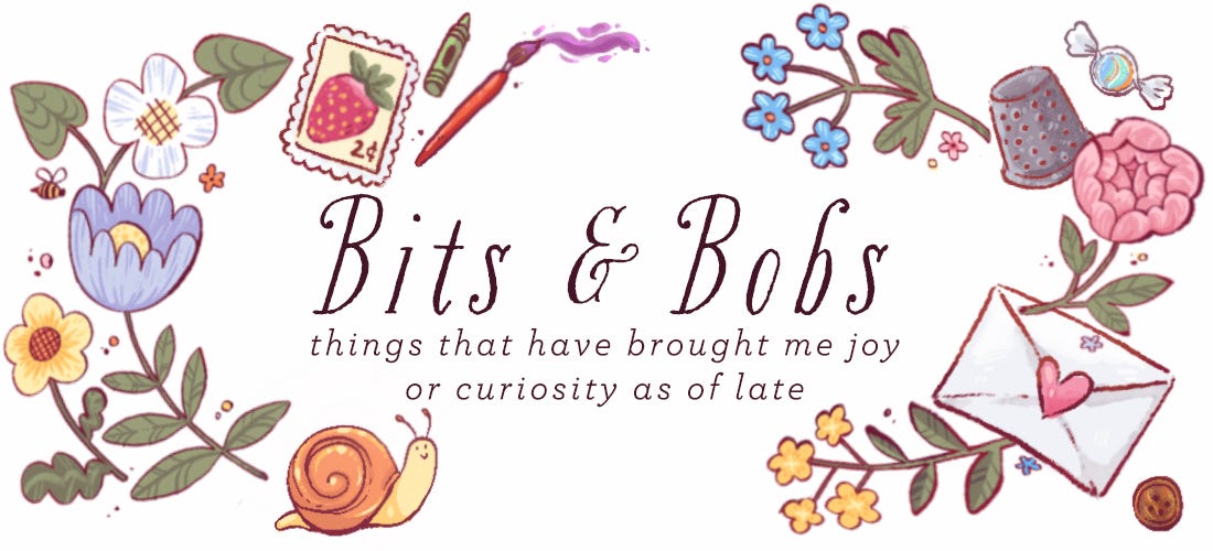 A decorated banner reading "Bits and Bobs: things that have brought me joy or curiosity as of late." It is surrounded by illustrations of flowers, art supplies, a snail, and a variety of knick-knacks.