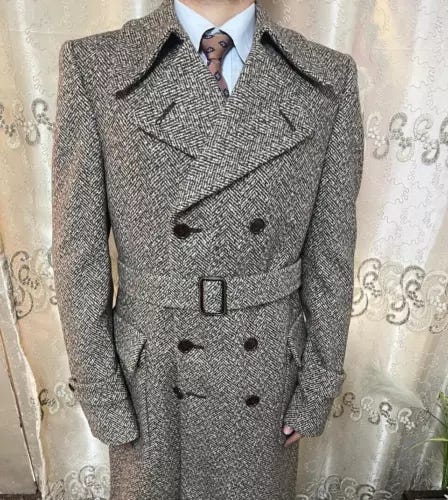 1970s vintage handtailored bespoke all worsted tweed belted suit over coat 42L - Picture 1 of 16