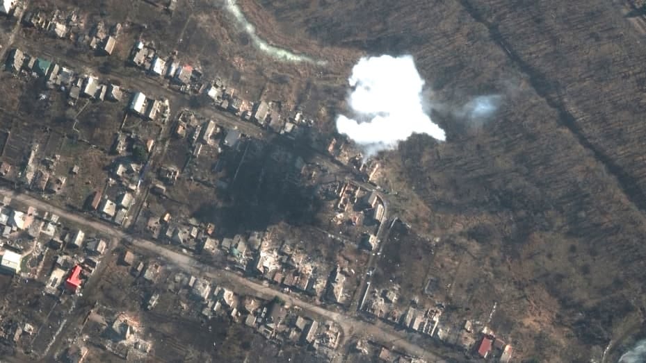 A satellite image shows smoke from recently dropped ordnance in southern Bakhmut, Ukraine, on March 6, 2023.