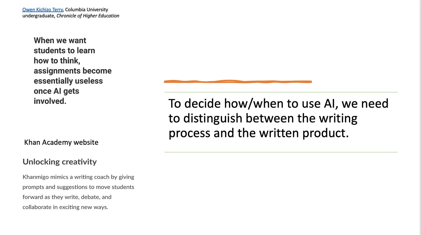 Main slide text: To decide how./when to use AI, we need to distinguish between the writing product and the writing process. Additional text: Owen Kichizo Terry: "when we want students to learn how to think, assignments become essentially useless once AI gets involved." From Khan Academy website: "Unlocking creativity. Khanmigo mimics a writing coach by giving prompts and suggestions to move students forward as they write, debate, and collaborate in exciting new ways."