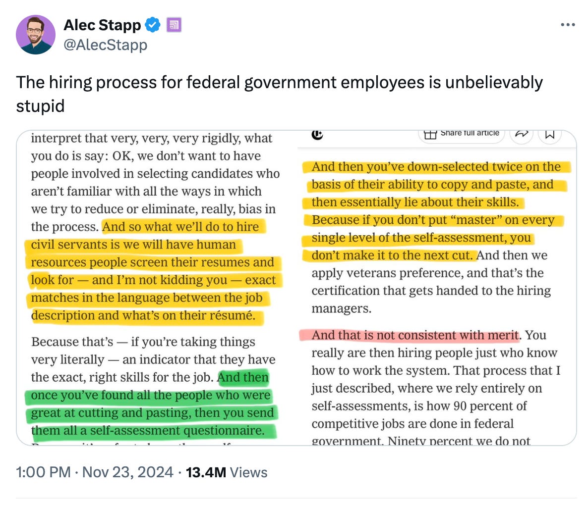 Post  See new posts Conversation Alec Stapp  @AlecStapp The hiring process for federal government employees is unbelievably stupid 1:00 PM · Nov 23, 2024 · 13.4M  Views