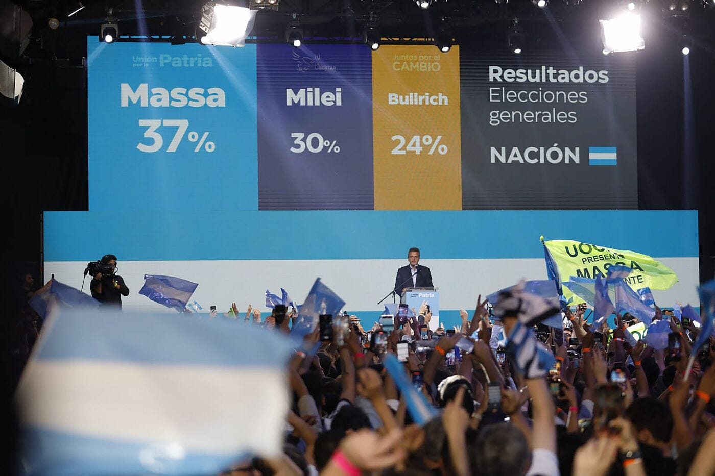 Sergio Massa s'exprime dimanche lors d'un rassemblement électoral au siège du parti à Buenos Aires. Photo : Maria Amasanti/Bloomberg