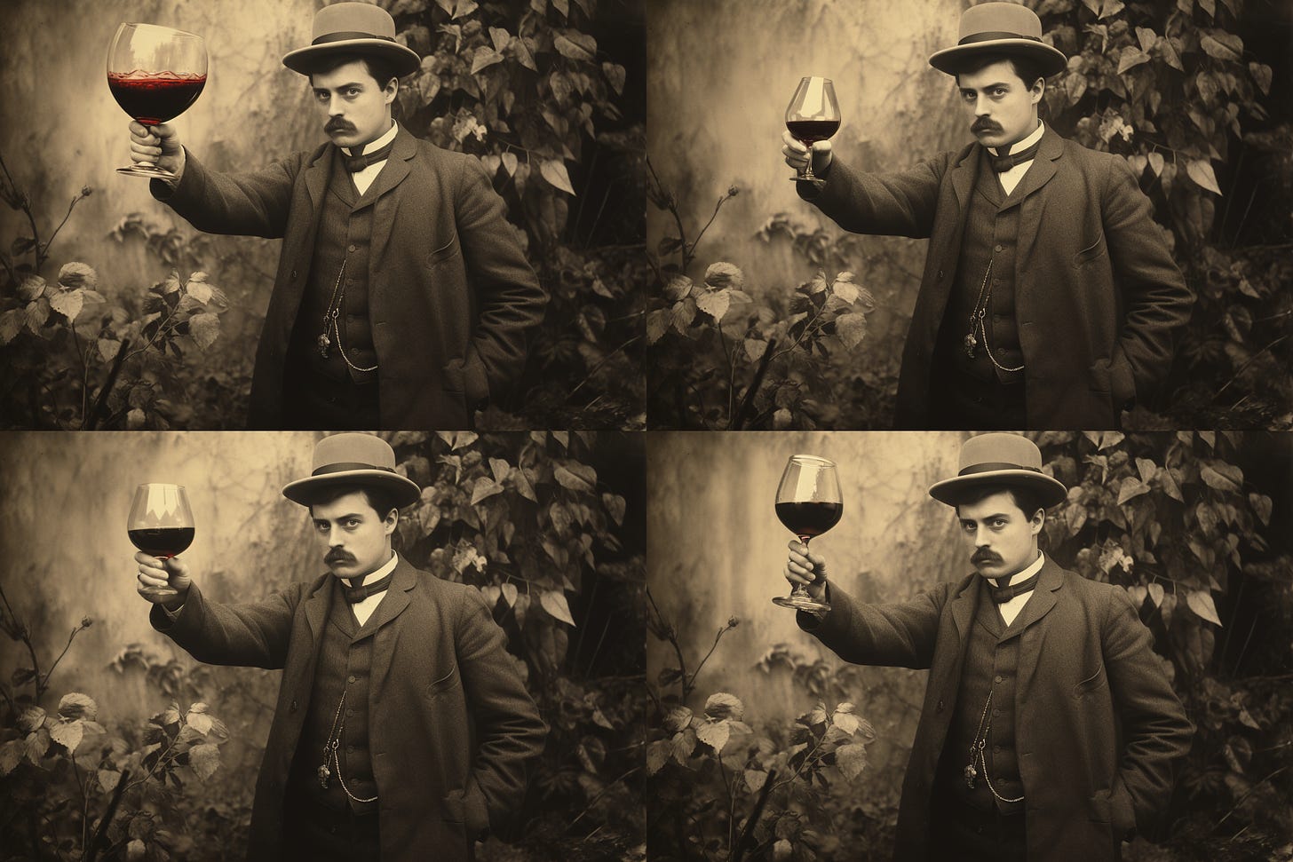 Four variations of a Victorian man holding a glass of wine