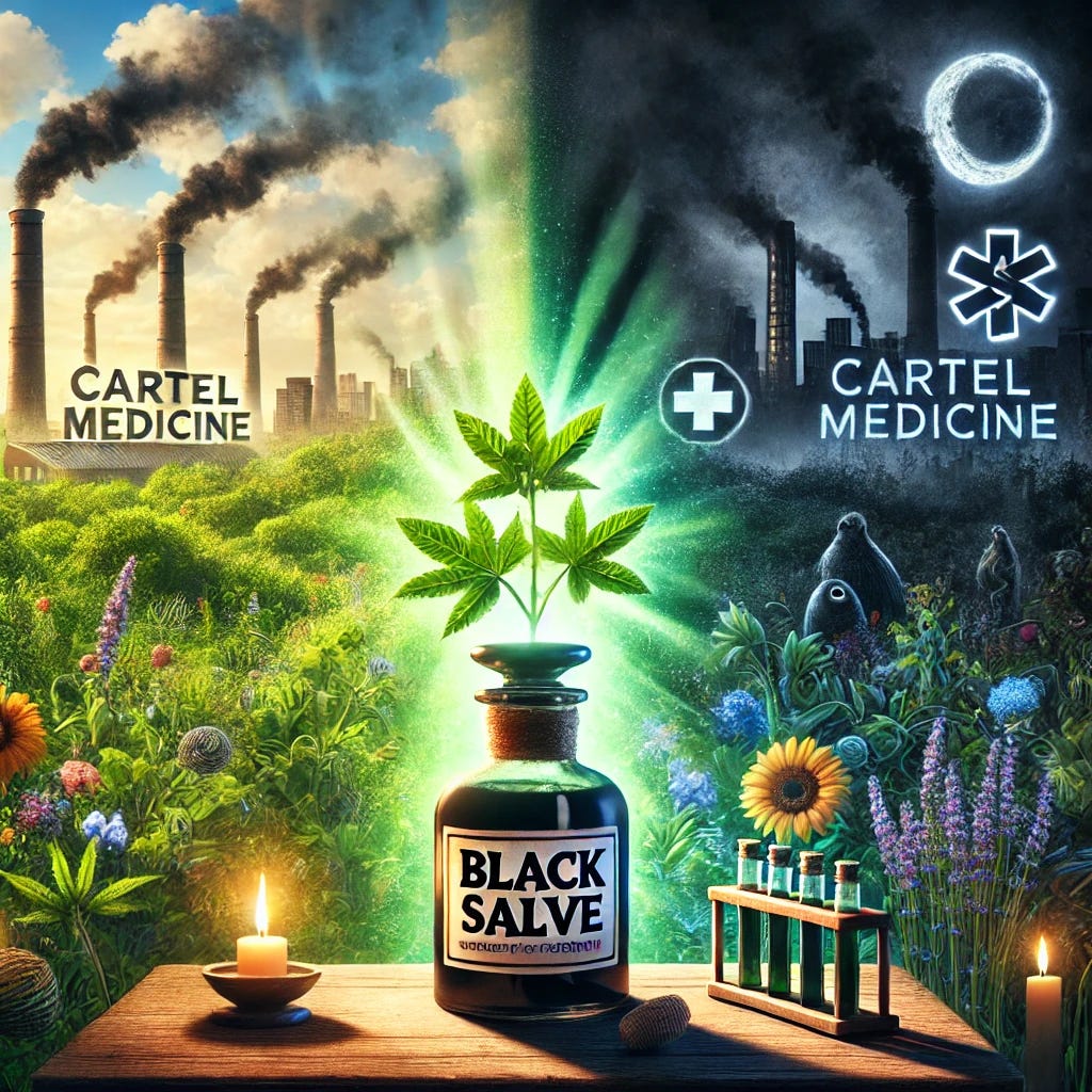 An image blending the themes of optimism about Black Salve and trepidation from Cartel Medicine. The scene should show an apothecary with Black Salve prominently displayed, surrounded by vibrant, healthy plants and light symbolizing hope and natural healing. In the background, dark, ominous shadows of medical establishments loom, representing the suppression and control by Cartel Medicine. The contrast between the bright, hopeful foreground and the dark, foreboding background should be striking, creating a sense of both optimism and trepidation. No text.