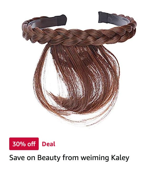 A headband that is covered in a braid of fake hair and has a tuft of bangs sticking off the front