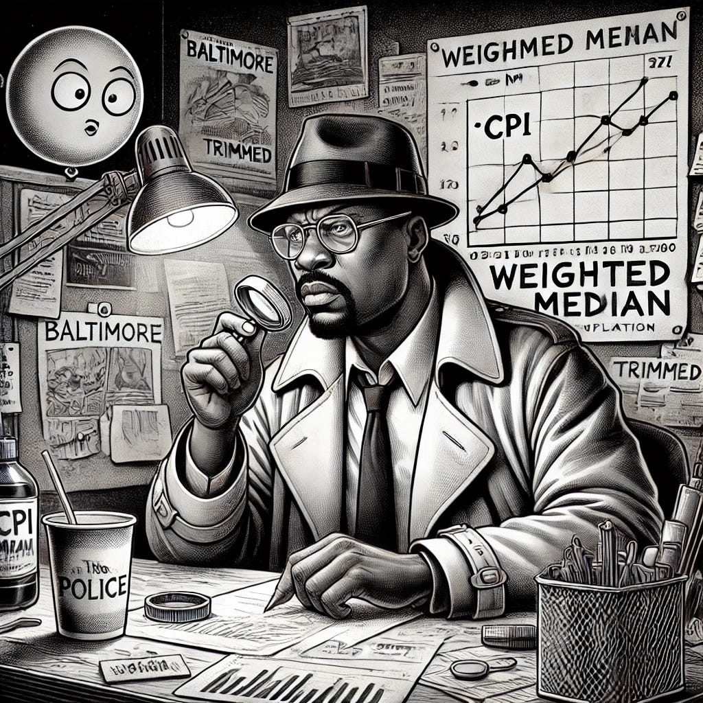 A black-and-white cartoon illustration of a Baltimore police detective inspired by 'The Wire,' wearing a trench coat and badge, seated at a cluttered desk with charts labeled 'CPI,' 'Trimmed Mean,' and 'Weighted Median.' The detective is focused, holding a magnifying glass over the 'Weighted Median' chart. The scene includes subtle references to 'The Wire,' such as a coffee cup, a bulletin board with connected strings, and a gritty urban background. A mischievous balloon representing inflation peeks around the corner. The style is dramatic with shading and gritty details, evoking the tone of a police procedural.