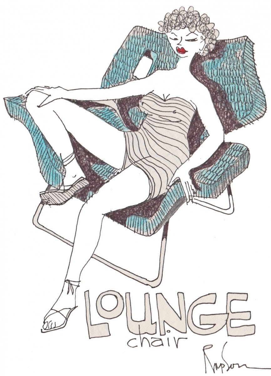 A stylized illustration of a woman in a striped swimsuit lounging in a chair, with the text "LOUNGE chair" below.
