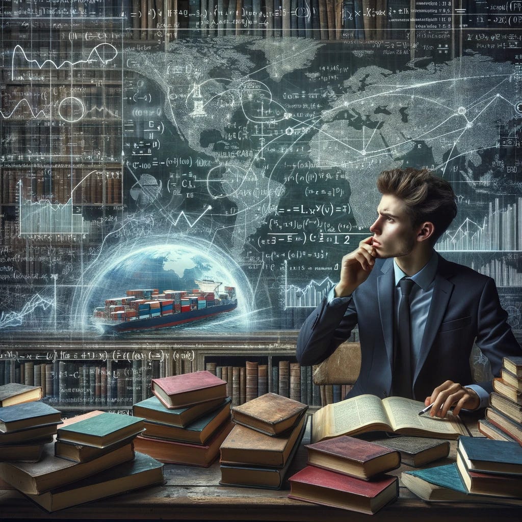 The scene becomes even more intricate with a young man in a suit, deeply focused on solving complex mathematical equations related to international markets and trade, all written on a chalkboard. The background subtly transitions into a panoramic view of global trade elements: shipping containers, stock market graphs, and world maps indicating trade routes. The library's chaotic arrangement of books now includes volumes on economics, finance, and global commerce, strewn about and piled high. The atmosphere is charged with the intensity of global economic dynamics, and the man's focus reflects the complexity and scale of the problems he's tackling. This detailed setup merges the academic environment with the practical world of international trade, highlighting the interconnectedness of theoretical math and real-world applications.