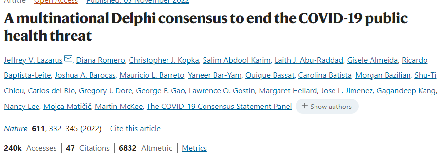 Nature headline: A multinational Delphi consensus to end the COVID-19 health threat