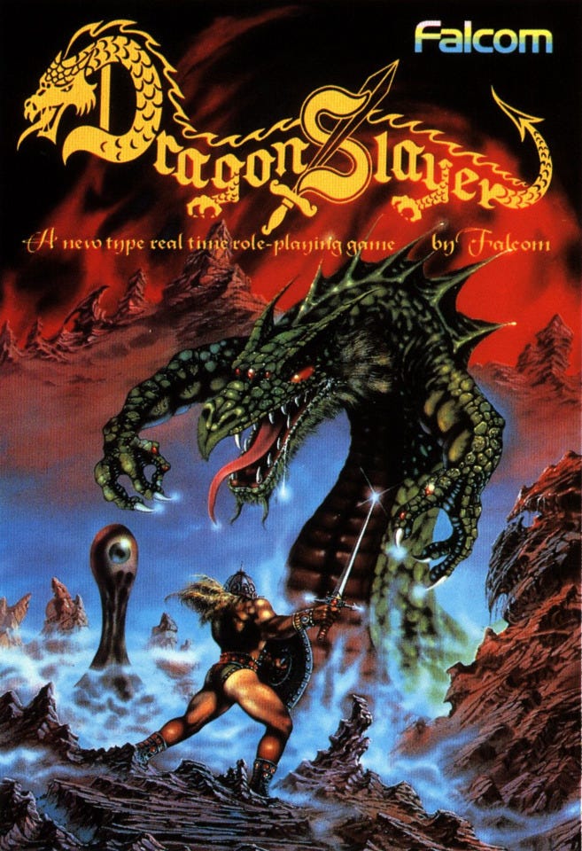 A scan of the box art for the PC-88 release of Dragon Slayer, which would be reused to some degree for various ports down the line. A massive dragon towers over a lone sword-wielding warrior, about to engage in combat. The game's logo with its dragon lettering is up top, and below that, the words "A new type real time role-playing game"