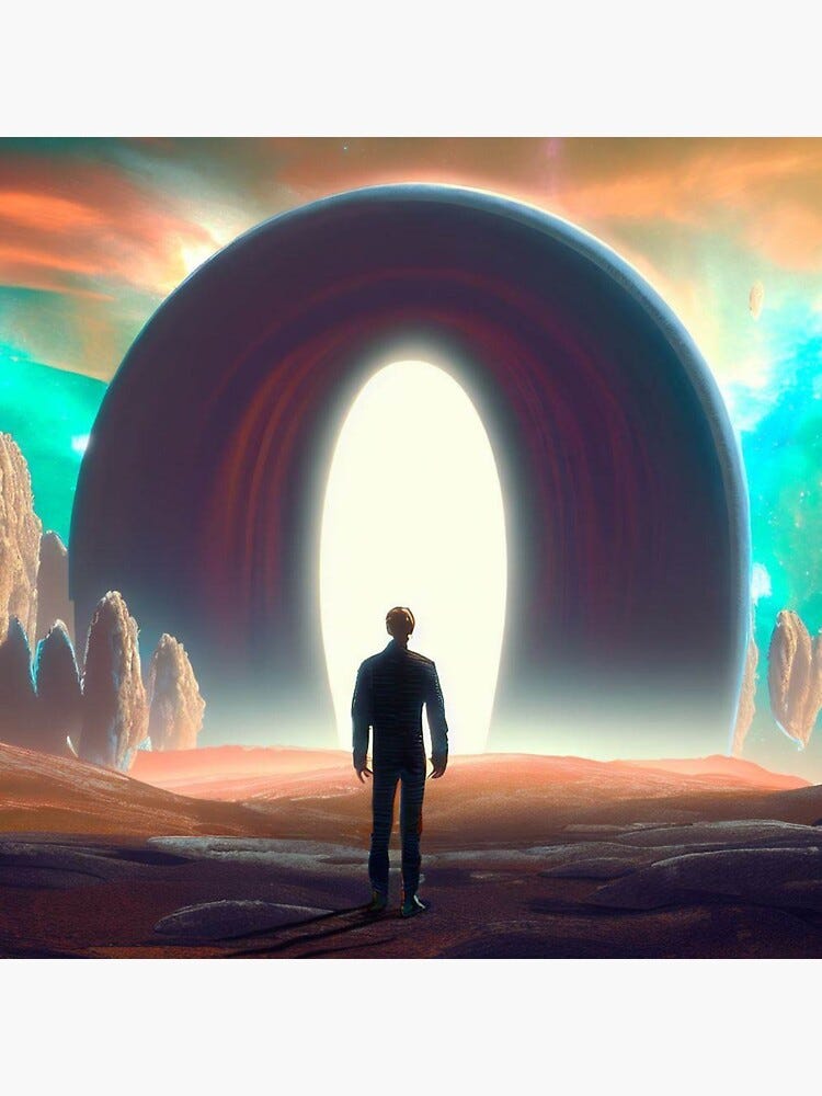 Surreal landscape of a man standing in front of a portal to another  dimension 4 | Sticker