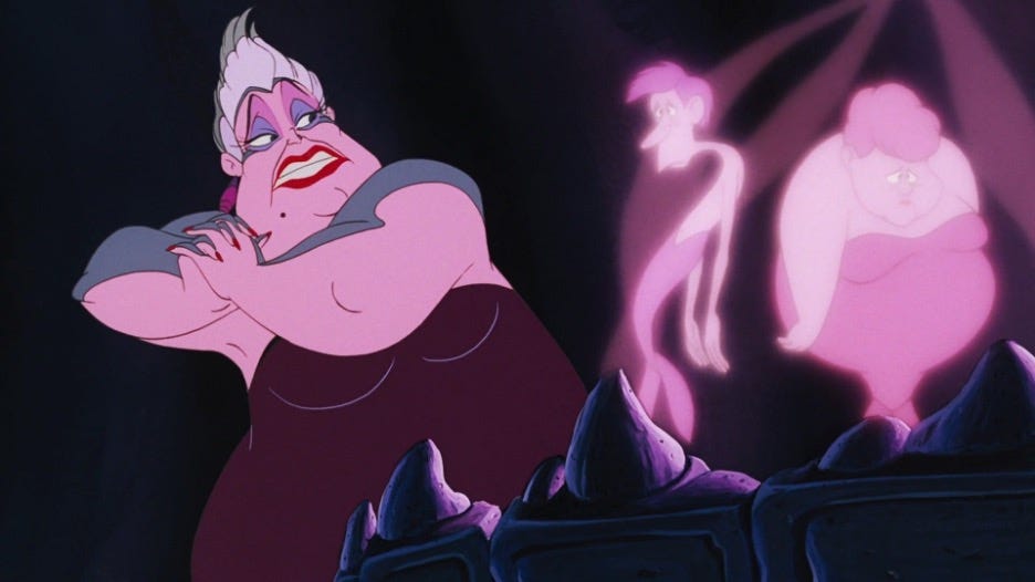 Scene from The Little Mermaid in which Ursula looks over two conjured images of merpeople, including a thin mer-man and a fat mer-woman