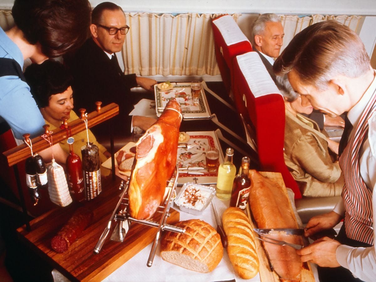 Charcuterie sliced to order on Scandinavian Airlines in the 1960s.