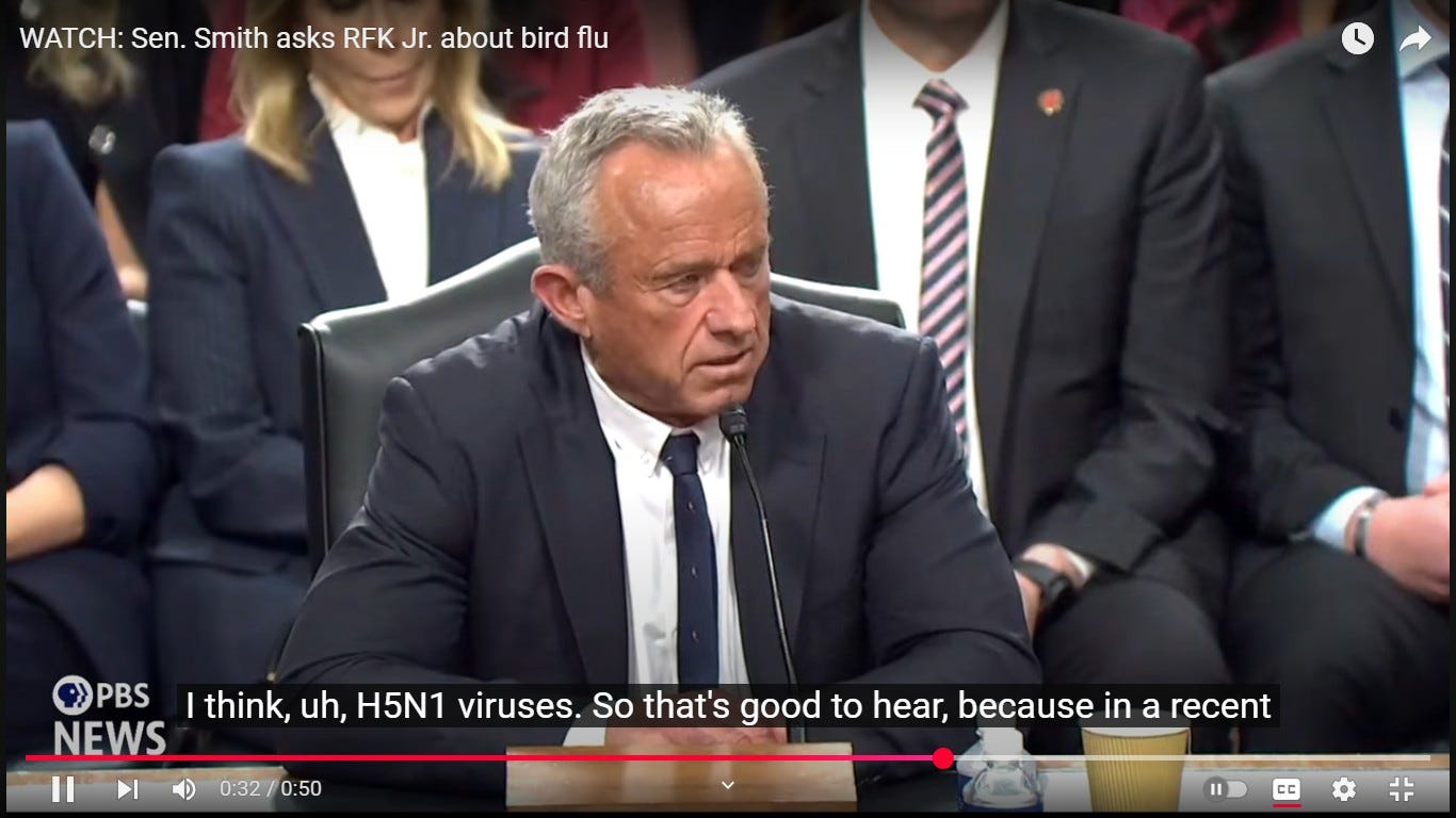 May be an image of 5 people and text that says 'WATCH: Sen. Smith asks RFK Jr. about bird ใน PBS NEWS 0:32 0:32/0:50 0:50 think, uh, H5N1 viruses. So that's good to hear, because in a recent'