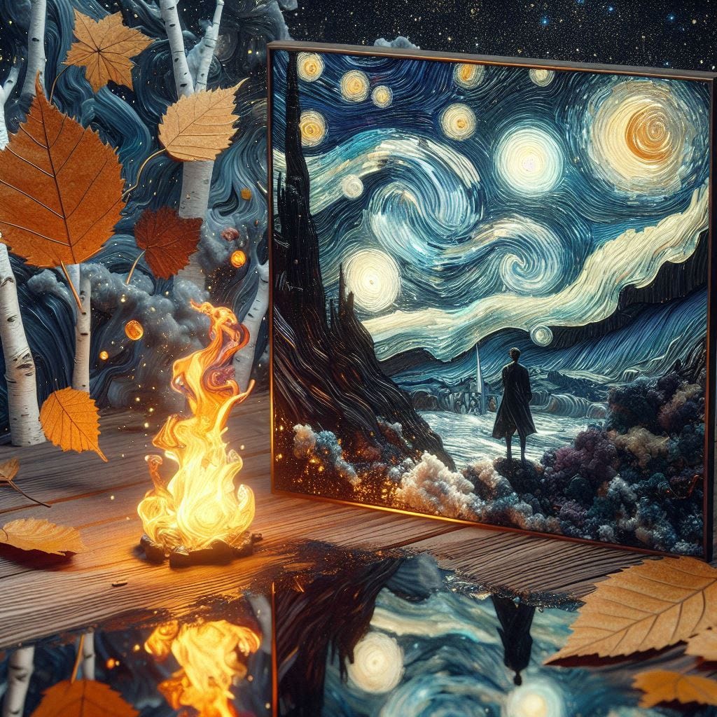  5d angle glass leaf with with a small fire in it over image of  Birchwood/rosewood middle aged dark man modeling angst for camera. His clothes are made of black and purple starry night/ water in resin/soft, beautiful/honey-wood and copper/Marquetry,verdigris. mountain / fluffy cloud floating low in foreground / honey-gold-swirl/surrounded by copper leaves.REFLECTED/ Inspired by style of Jeffrey Catherine Jones /swirling clouds under moon.black starry sky / love/ bliss