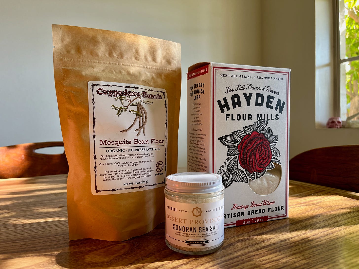 Locally grown and milled Red Fife whole grain flour from Hayden Flour Mills. Sonoran Sea Salt from Desert Provisions, which is based in Tucson. And Mesquite Bean Flour from Cappadona Ranch in Linn, TX
