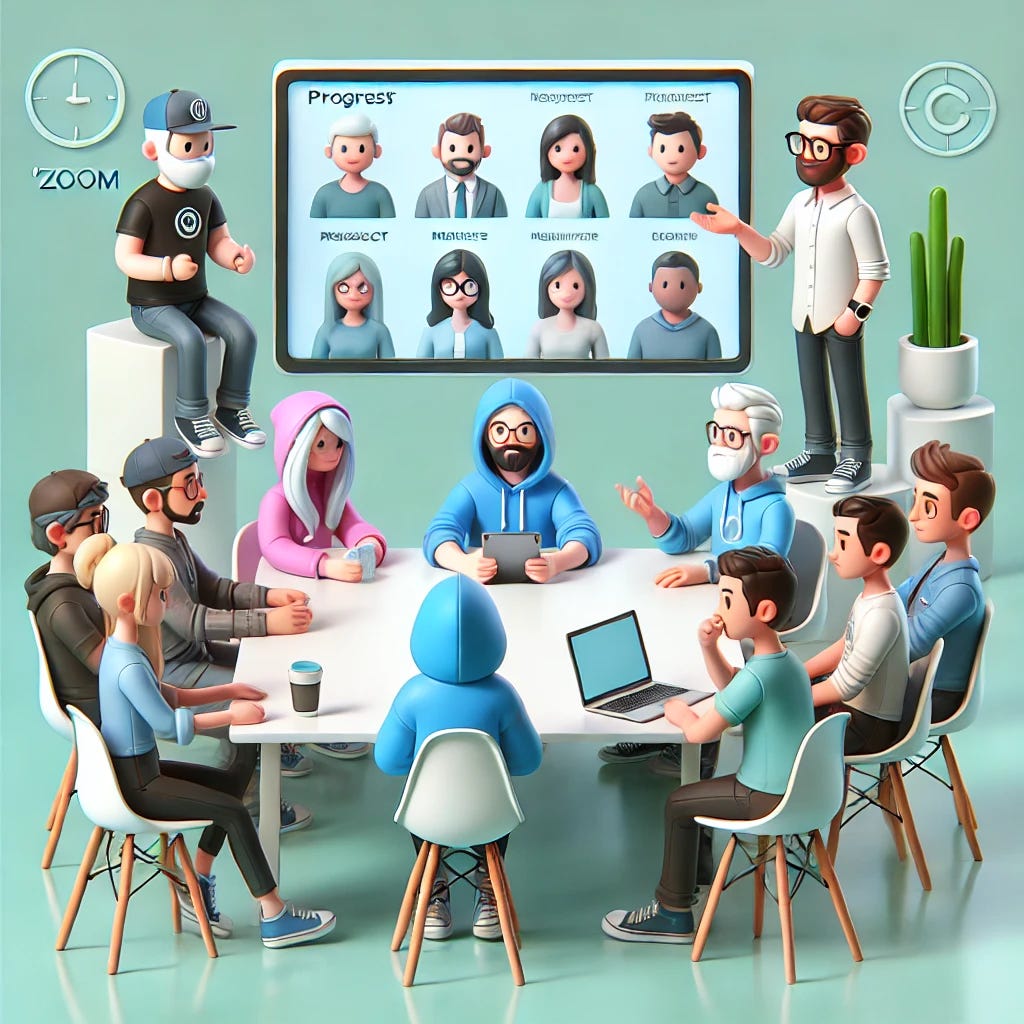 A group of diverse tech workers around a modern table, actively collaborating on project updates, with a large screen showing four virtual meeting participants in a clean, cartoonish 3D style.