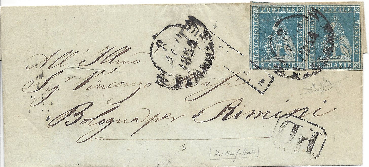 1855 disinfected letter in Italy