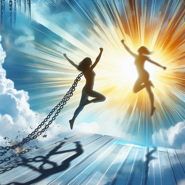 A person breaking free from shadowy chains that represent fear and judgment, leaping into a bright, open space that symbolises authenticity and freedom. The background is bright and uplifting, with colours like blue, white, and gold signifying positivity and new beginnings. The overall vibe is empowering, hopeful, and inspiring.