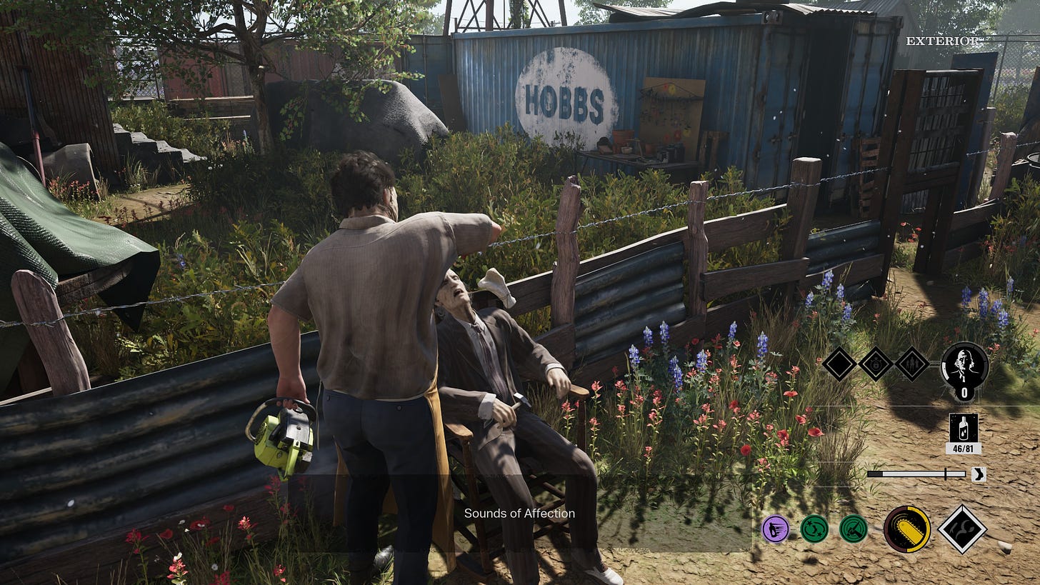 A screenshot of the game The Texas Chainsaw Massacre showing Leatherface feeding Grandpa some blood. A caption says "Sounds of Affection".