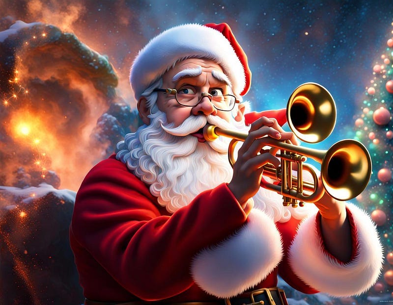 Anxious-looking Santa with 2 trumpets