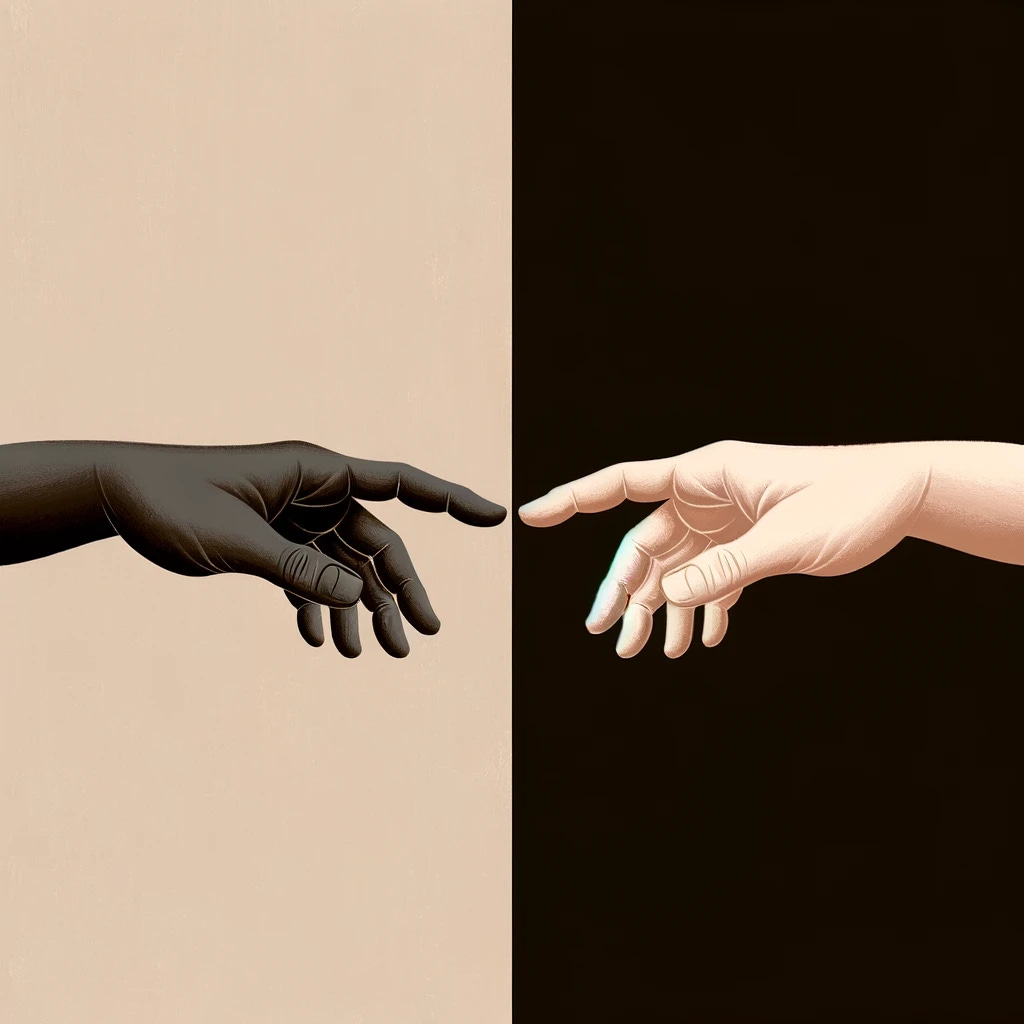 A minimalist and symbolic design that conveys the theme of the history of the definitions of black and white and racism, without being abstract. The image should feature two hands of contrasting skin tones reaching towards each other, one from each side of the canvas, symbolizing unity and understanding across racial divides. The background should be a solid, neutral color to keep the focus on the hands. The hands should be detailed enough to show the difference in skin tones, with one hand having a distinct pink hue to subtly nod to the blog post's message. This simple yet powerful imagery aims to represent the complexities of racial identity and the potential for connection and mutual respect.