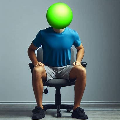 photo of a man in a blue t-shirt and gray shorts who is now standing up, having been seated in an office chair in an empty room. His hands are on the armrests because they helped him stand. The man doesn't have a head but instead has a basic bright neon green sphere in its place. Gray background. 