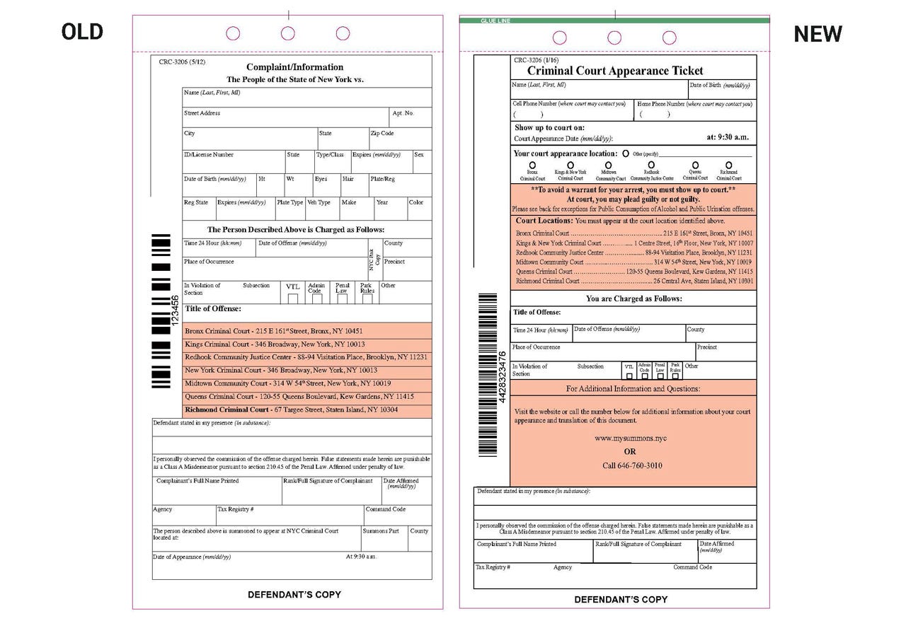 Old and new versions of a police summons