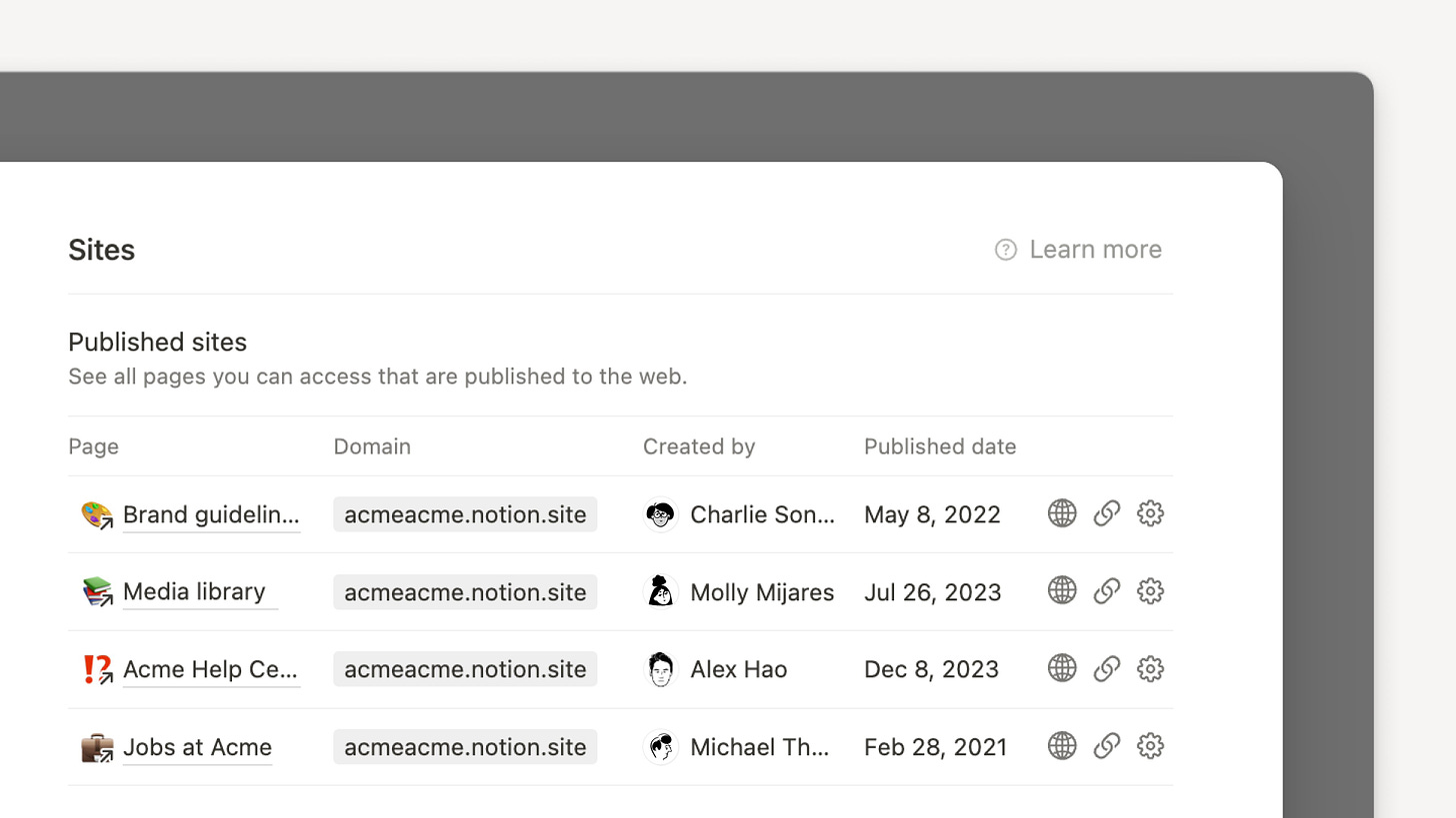 This is an image of the new Sites dashboard in Notion.