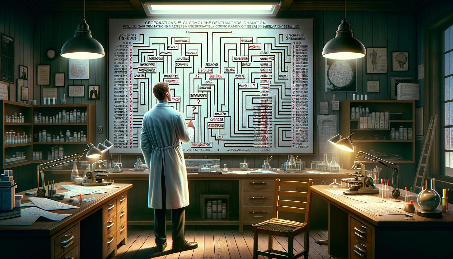 An Icelandic scientist stands in front of a large board in a well-lit research lab. The board displays a complex pedigree chart, which shows the segregation of a genetic mutation across multiple generations of a family. Some of the positions on the chart are marked with question marks, indicating missing family members. The scientist, wearing a lab coat, is intently examining the chart, pointing at one of the question marks with a puzzled expression. The room is filled with scientific equipment, suggesting a highly professional genetic research environment. Use a realistic style to capture the detail of the scene.