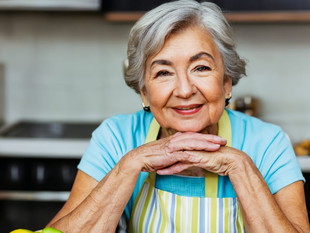 Portrait of gray-haired, smiling Asian woman with her hand folded in front of her gin. Se is  wearing a striped yellow and blue apron with her kitchen in the background.  