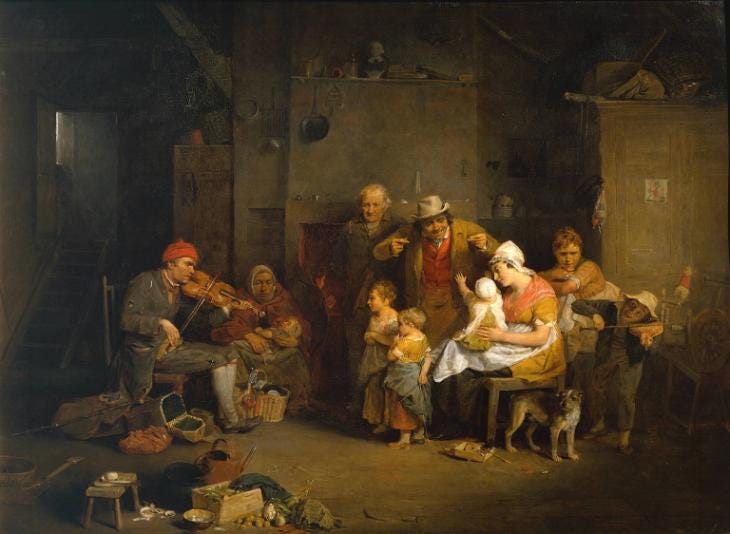 A scene showing figures of all ages gathered around a man playing a fiddle or violin. The fiddler is blind. The colours are muted but most are wearing a mustard yellow with some red accessories. A child at the back of the crowd is trying to copy the fiddler in a playful way.