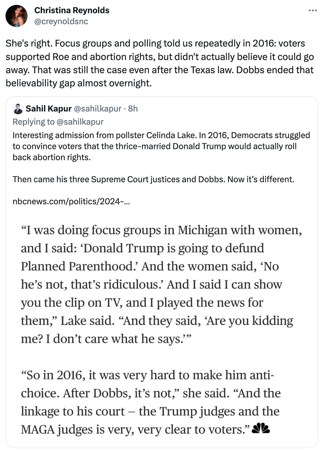  See new Tweets Conversation Christina Reynolds @creynoldsnc She's right. Focus groups and polling told us repeatedly in 2016: voters supported Roe and abortion rights, but didn't actually believe it could go away. That was still the case even after the Texas law. Dobbs ended that believability gap almost overnight. Quote Tweet Sahil Kapur @sahilkapur · 8h Replying to @sahilkapur Interesting admission from pollster Celinda Lake. In 2016, Democrats struggled to convince voters that the thrice-married Donald Trump would actually roll back abortion rights.  Then came his three Supreme Court justices and Dobbs. Now it’s different.  https://nbcnews.com/politics/2024-election/abortion-setback-ohio-alarms-gop-democrats-see-roadmap-2024-rcna99029