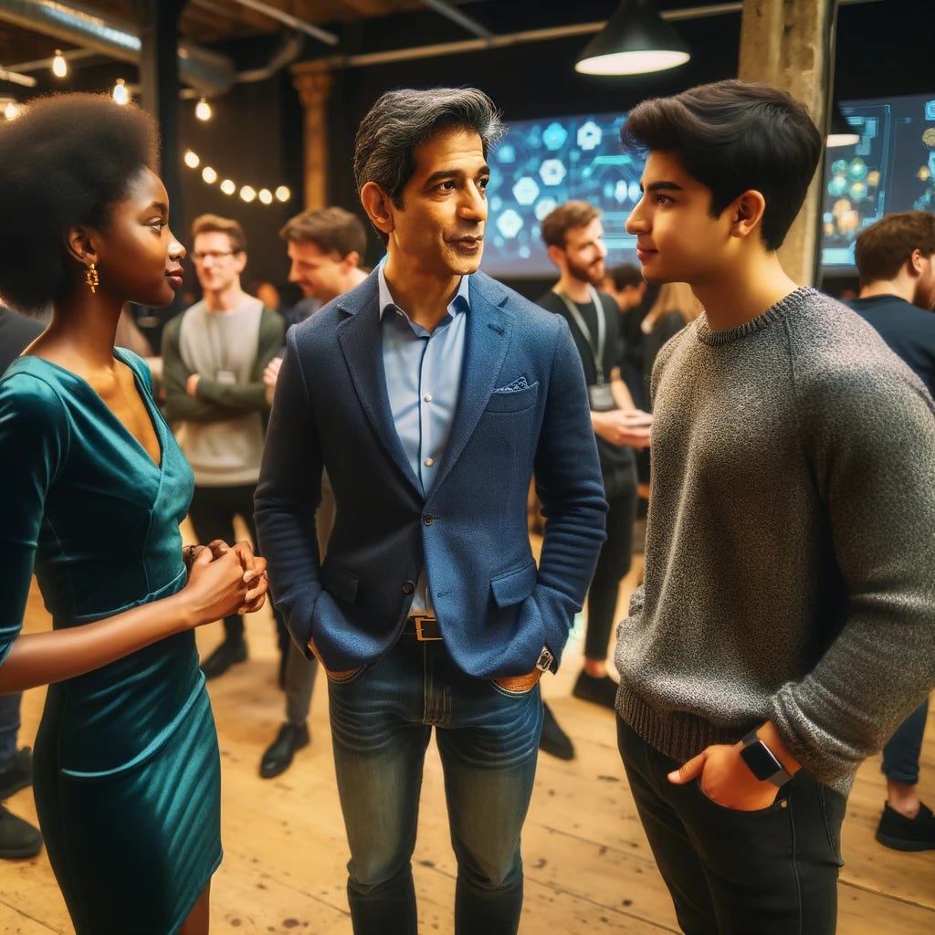 A dynamic networking session at a tech meetup. The image captures a person standing and talking to two other people. The central person is a middle-aged South Asian male, dressed in a smart casual blue blazer and jeans. The other two, a young Black female in a stylish green dress and a young Hispanic male in a gray sweater and black trousers, are listening intently. They are surrounded by a busy meetup environment with other attendees and tech promotional materials in the background.