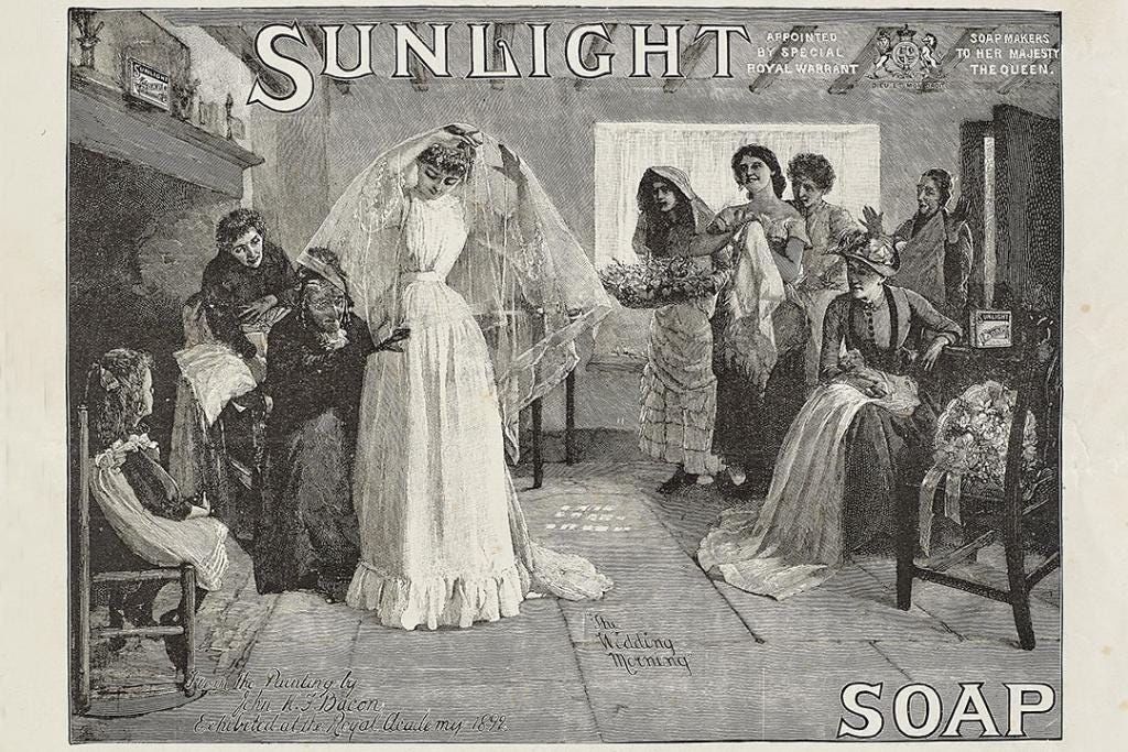 Newspaper illustration of the Wedding Morning painting, with bars of soap added and text: Sunlight Soap