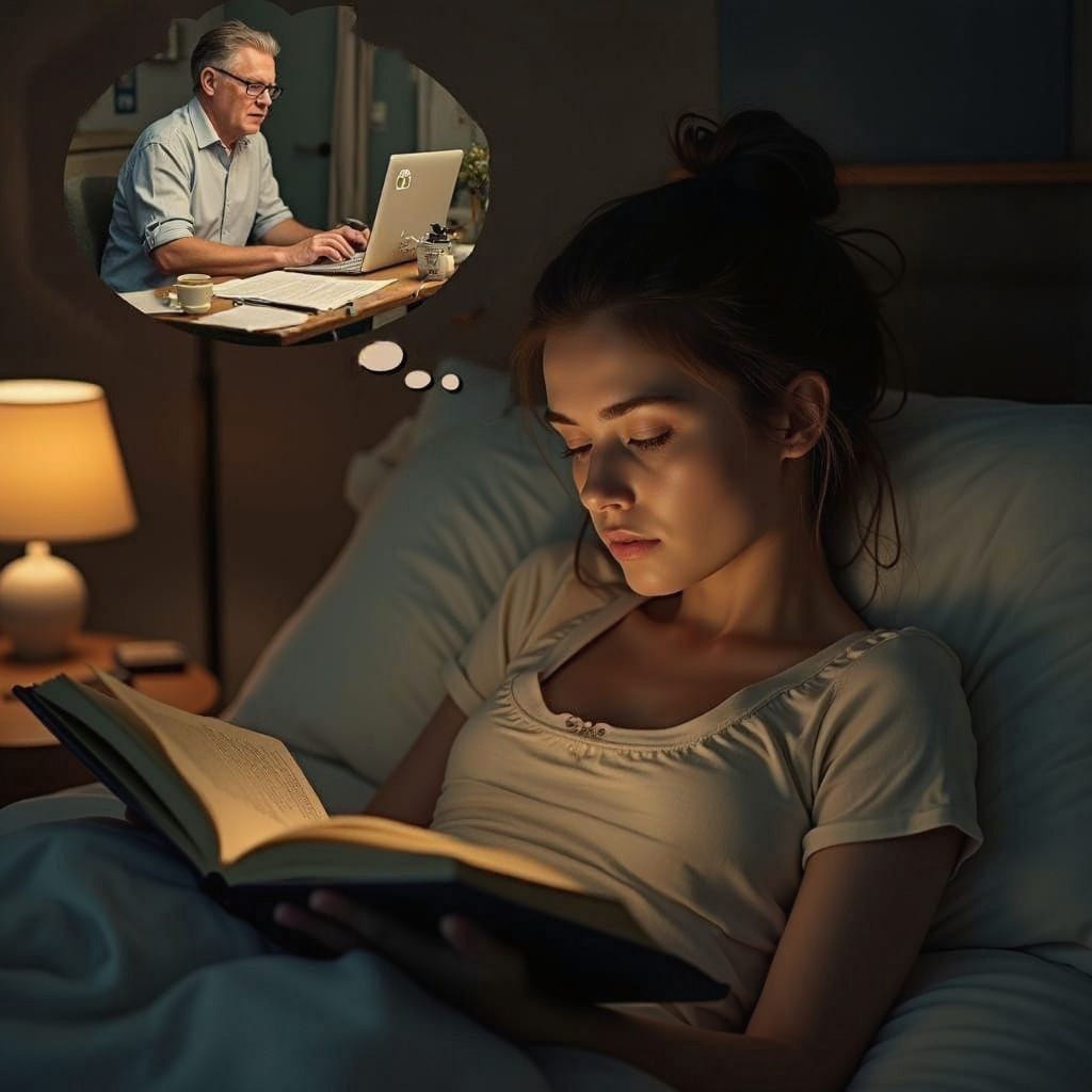 an image of a woman reading a book in bed and thinking of the author who is pictured in a thought bubble. The author is ...