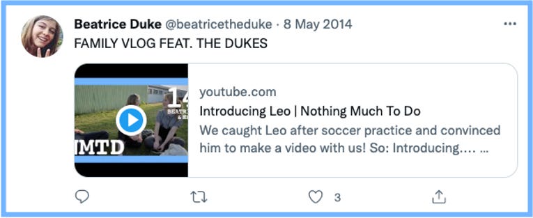 Bea Tweets: FAMILY VLOG FEAT. THE DUKES [link to Introducing Leo]