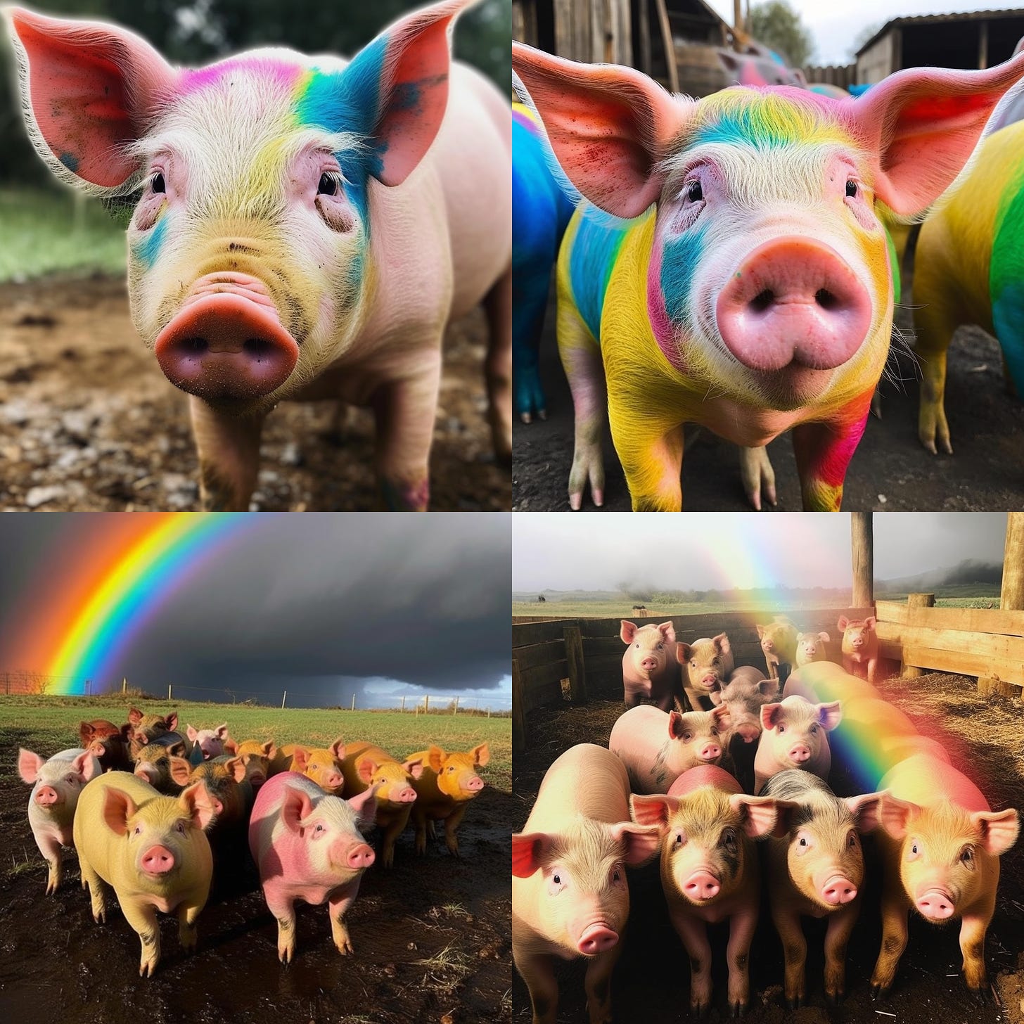 Midjourney V5 results for the pig + rainbow emoji combo. 4-image grid.