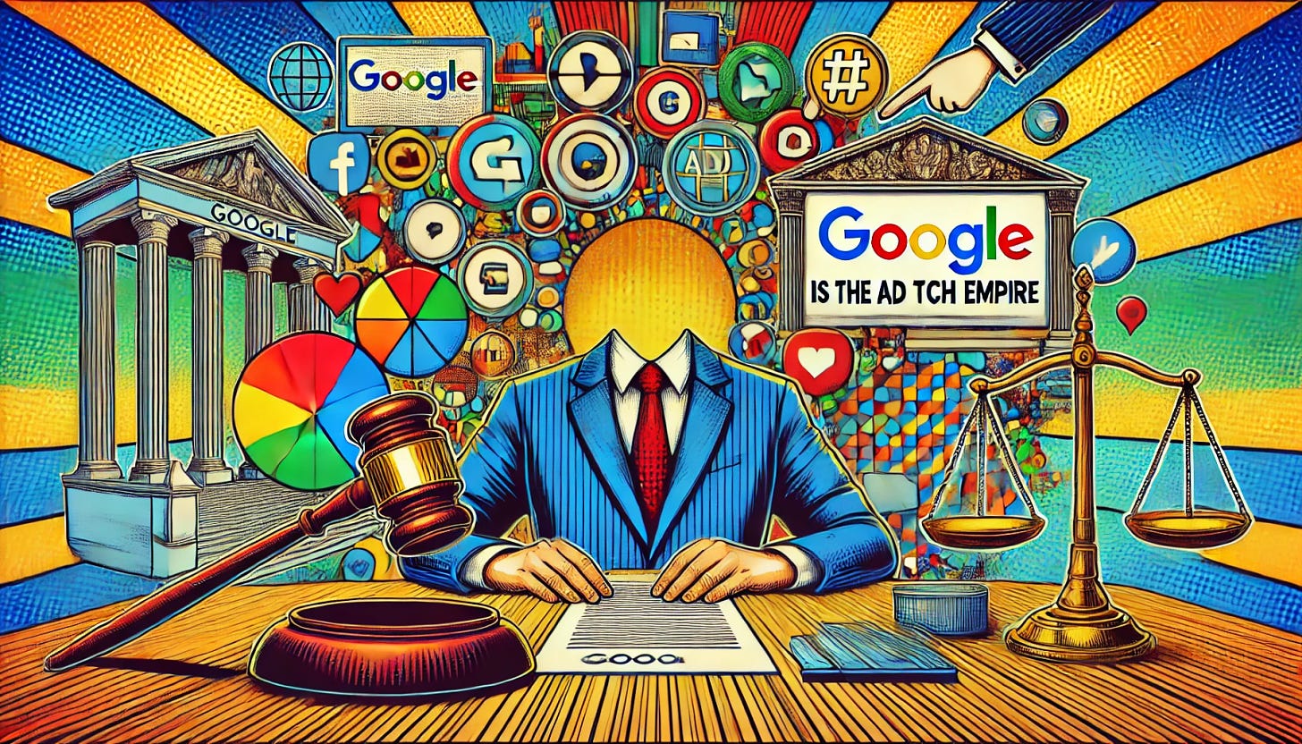 Create a detailed pop-art style illustration depicting the theme 'Google in Trouble: Is the ad tech empire at stake?' Include vibrant colors and elements that symbolize Google and the tech industry. The image should clearly represent the concept of Google facing legal or market challenges, with symbols like court gavels, digital screens, and corporate logos in the background. The style should be dynamic and colorful, fitting the pop-art aesthetic. The image dimensions should be a horizontal rectangle, specifically 1920x1080 pixels.