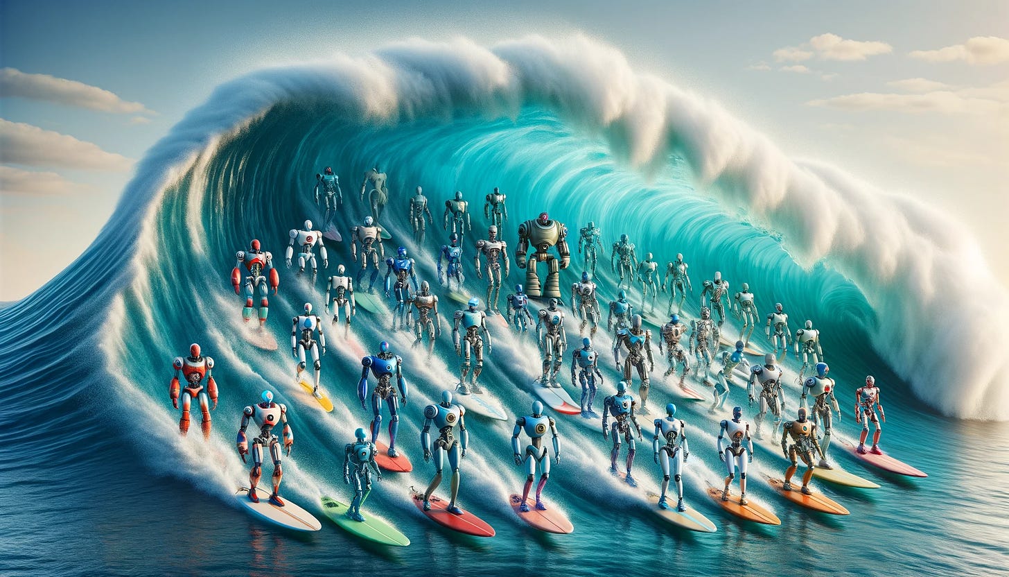 A giant wave with dozens of humanoid robots of different sizes and shapes riding surfboards of different colors.