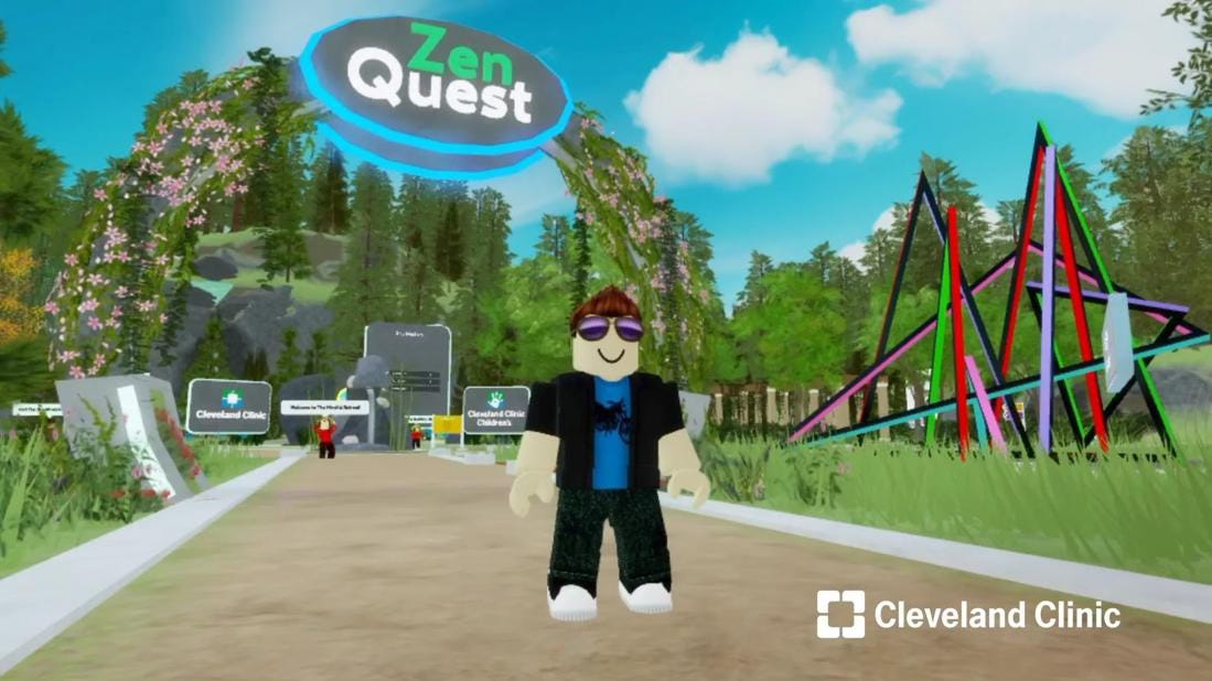 A Roblox avatar stands next to a floral arch and abstract sculpture in the Zen Quest Roblox experience