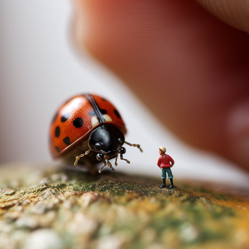 macro, a very tiny woman standing next to a giant ladybug