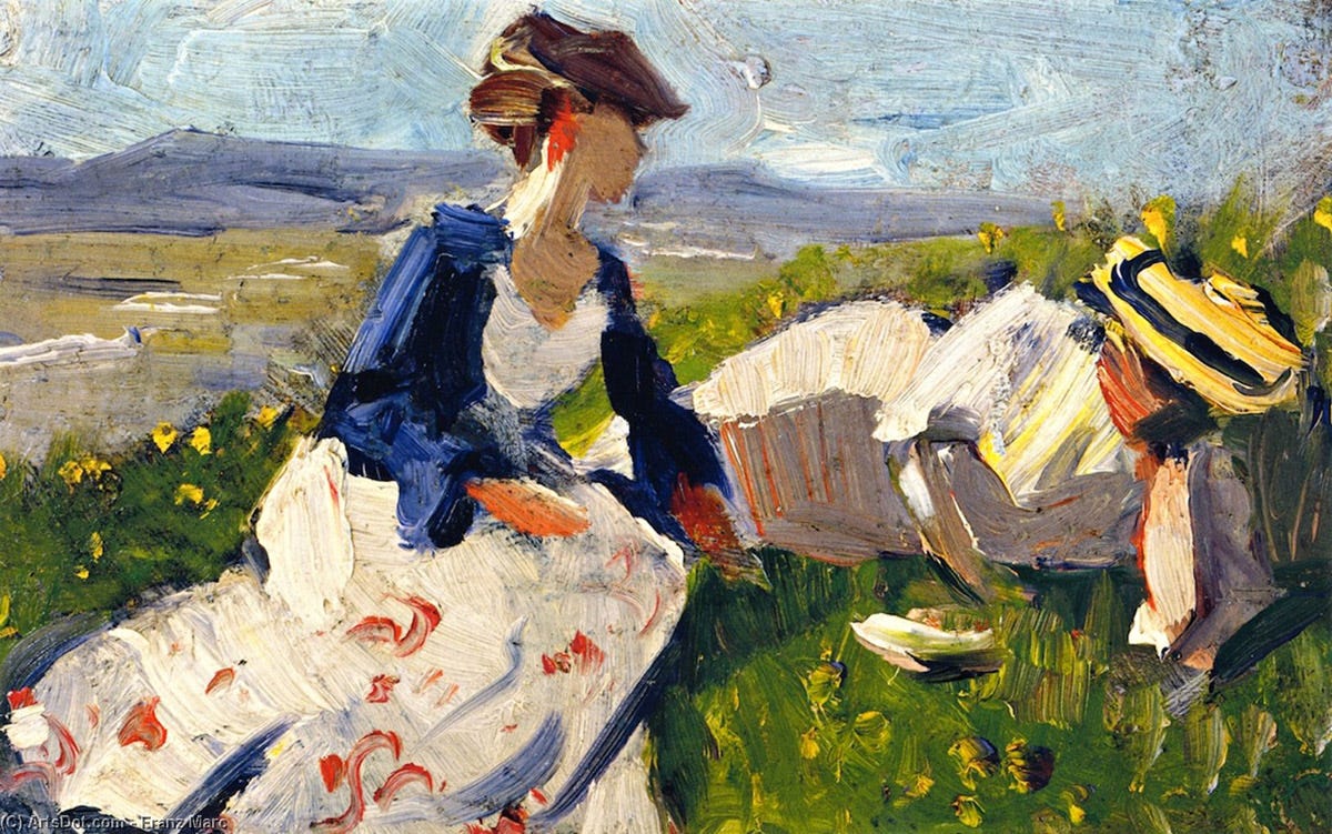 Oil painting of two women on a hillside.