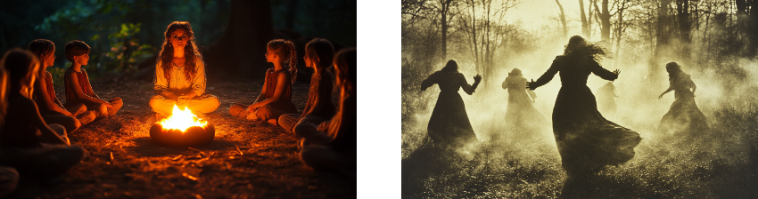 A split image: on the left, a young woman sits cross-legged by a campfire in the woods at night, surrounded by a group of children who listen intently, their faces illuminated by the warm firelight, creating a sense of storytelling or ritual. On the right, silhouetted figures of women in flowing dresses dance in a misty forest at dusk, their movements captured in dramatic lighting that casts eerie shadows. Together, the images evoke themes of mysticism, nature, and ancient traditions.