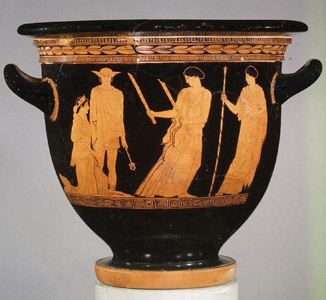 Photo of a terracotta vase depicting Hermes and Hekate guiding Persephone out of Hades.